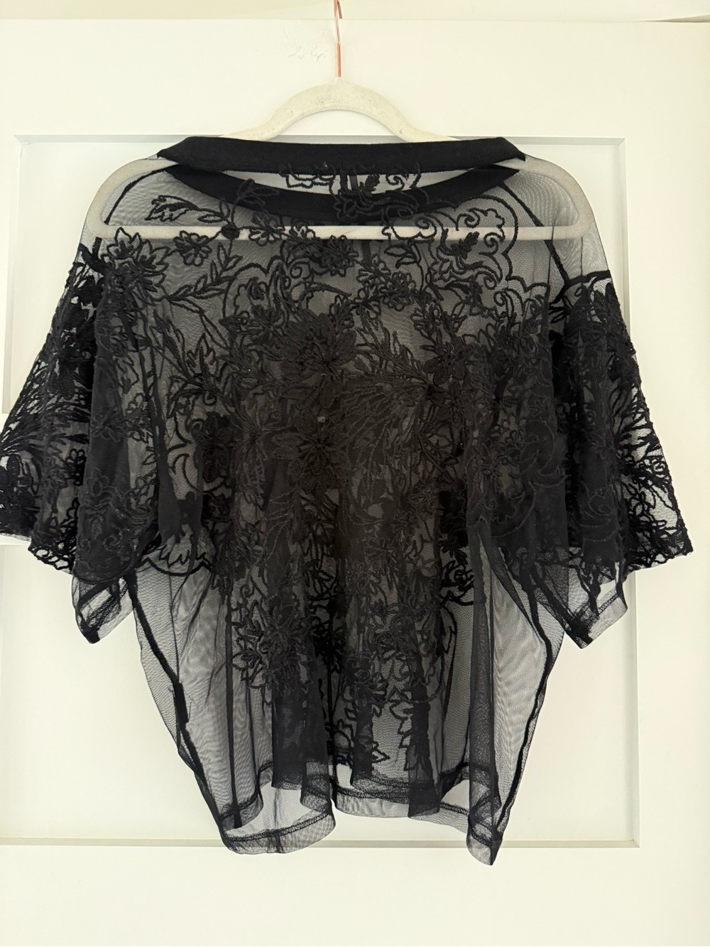 Anthropologie Sheer Black Floral Lace shirt sleeve top
